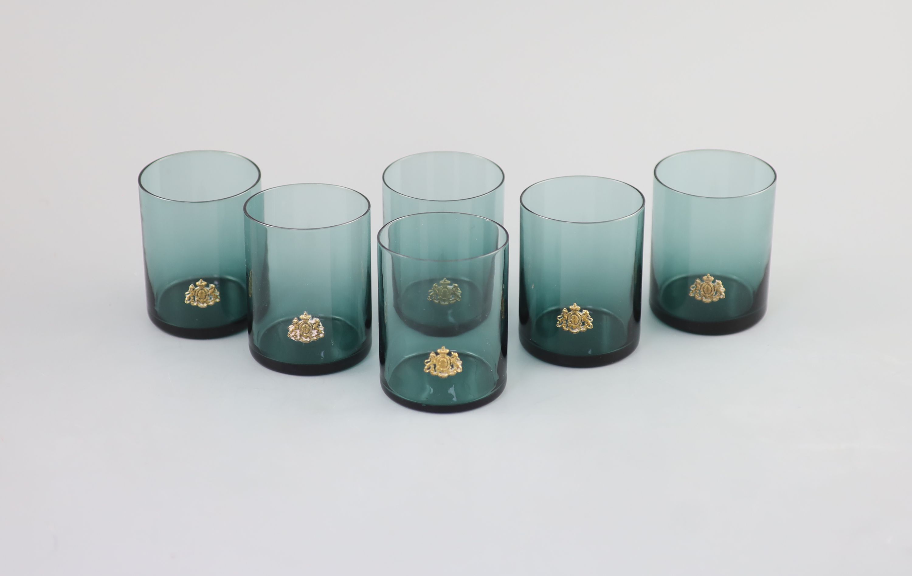 Royal Interest, a set of six glass tumblers gifted by Princess Margaret, each bearing Royal Coat of Arms, 1960s
